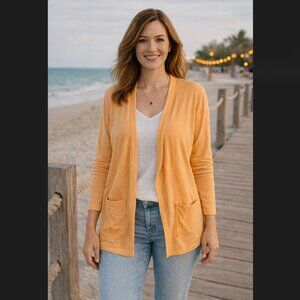 J. Jill Cardigan Medium Petite Orange Cotton Open Front Lightweight Pockets Boho